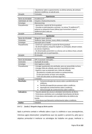 Página 71 de 122
- Questionar sobre o aparecimento, na última semana, de cartazes
alusivos á violência, na sala de aula.
Duração 5 minutos
Experienciar
Nome da Atividade A violência é?
Habilidades de Vida Empatia e Autoconhecimento.
Estratégia Brainstorming
Procedimento - Apresentar o painel de forma gradual;
- Convidar os participantes a escrever, na coluna “A violência é?”,
palavras ou pequenas frases (ideias) que transmitam o que a
violência é para cada um.
Duração 10 minutos
Aprofundar
Nome da Atividade Ninguém nasce violento
Conteúdos Violência: tipos, formas, causa, efeito e resolução.
Estratégia Educação para a Saúde
Procedimento - Continuar a apresentar o painel de forma gradual;
- Os dinamizadores, enquanto expõem os conteúdos, deixam visíveis
as colunas respetivas;
- Os dinamizados preenchem as colunas com as ideias-chave, através
de interação com os participantes.
Duração 25 minutos
Interiorizar
Nome da Atividade GPS: A escrever instruções…
Conteúdos Avaliação da sessão.
Estratégia Interrogativa e Lúdico
Procedimento - Entregar questionário de satisfação, para ser preenchido na hora;
- Entregar folha de reflexão, para ser respondida em casa;
- Explicar o que se pretende com a folha de reflexão:
[As palavras cruzadas para avaliar os conhecimentos;
O caso para tentar arranjar uma solução;
Tudo será discutido na semana seguinte.]
Duração 5 minutos
Resultados  Consciencialização dos alunos sobre a problemática da
violência;
 Partilha de experiências pessoais sobre a violência;
 Aquisição de conhecimentos sobre a violência;
 Demonstração de conhecimentos sobre violência.
Indicadores - Taxa de adesão dos alunos à atividade Caminhantes do Norte;
- % de alunos satisfeitos com a atividade Caminhantes do Norte;
- % de alunos interessados com a problemática da violência da
escola;
- % de alunos que demostra conhecimento sobre a violência.
Análise Checklist
8.4.7.2 Sessão 2: Ninguém chega ao Norte sozinho
Após o primeiro contato e reflexão sobre o que é a violência e suas consequências,
interessa agora desenvolver competências que nos ajudem a preveni-la, pelo que o
objetivo primordial é melhorar as estratégias de trabalho em grupo, melhorar a
 
