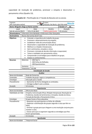 Página 72 de 122
capacidade de resolução de problemas, promover a empatia e desenvolver o
pensamento crítico (Quadro 13).
Quadro 13 – Planificação da 2.ª Sessão do Bússola com os alunos
Programa Projeto
GPS: Guia para ser(es) Bússola: No Norte, não (h)á violência
Nome: Ninguém chega ao Norte sozinho Sessão n.º: __02__
Local Data Horário Duração
Sala de aula da EB2/3 20 e 21 de Abril Definir pela Escola 45 minutos
Dinamizadores Enfermeira Vera Barbedo e Enfermeiro Vítor Gonçalves
Destinatários Alunos das turmas do 6.º ano
Objetivos  Entender a importância do trabalho de grupo;
 Promover o desenvolvimento da empatia;
 Estabelecer redes de comunicação eficaz;
 Desenvolver a capacidade de resolução de problemas;
 Melhorar as relações interpessoais;
 Gerir sentimentos, emoções e stress;
 Promover a tomada de decisão informada e responsável;
 Tomar a realidade com pensamento crítico;
 Compreender as estratégias para trabalhar em grupo;
 Avaliar os conhecimentos.
Recursos Materiais - 200 Flyer’s;
- 200 Folhas de Reflexão;
- 200 Questionários.
Humanos -----
Financeiros 05,59€
Constituição da Sessão
Acolher
Nome da Atividade Roda de Conversas
Conteúdos Trabalho de grupo: regras e competências.
Estratégia Educação para a Saúde
Procedimento - Apresentar de forma dialogada os conteúdos;
- Entregar os flyer’s com a síntese.
Duração 10 minutos
Experienciar
Nome da Atividade Oficina de Ideais
Habilidades de Vida Empatia; Comunicação Eficaz; Relação Interpessoal; Resolução de
Problemas; Gestão de Sentimentos e Emoções; Gestão de Stress;
Tomada de Decisão e Pensamento Crítico.
Estratégia Grupos Focais e Psico-educativa
Procedimento - Requisitar aos participantes as folhas de reflexão;
- Organizar a distribuição dos grupos segundo o caso que têm na
folha;
- Orientar o grupo para que cheguem a uma resolução conjunta para
resolver o caso;
- Evocar para que se organizem segundo as estratégias que lhes
foram apresentadas.
Duração 15 minutos
Aprofundar
Nome da Atividade Telejornal Social
 