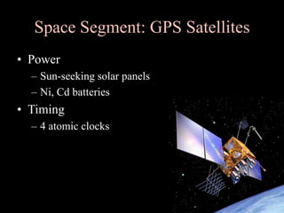 Space Segment: GPS Satellites
• Power
– Sun-seeking solar panels
– Ni, Cd batteries
• Timing
– 4 atomic clocks
 