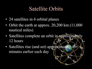 Satellite Orbits
• 24 satellites in 6 orbital planes
• Orbit the earth at approx. 20,200 km (11,000
nautical miles)
• Satellites complete an orbit in approximately
12 hours
• Satellites rise (and set) approximately 4
minutes earlier each day
 