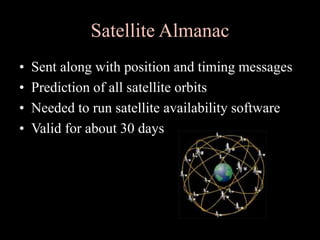 Satellite Almanac
• Sent along with position and timing messages
• Prediction of all satellite orbits
• Needed to run satellite availability software
• Valid for about 30 days
 