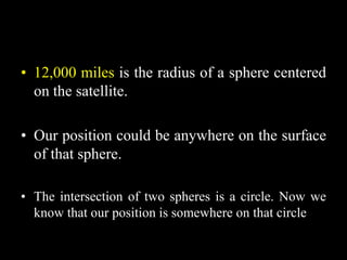 • 12,000 miles is the radius of a sphere centered
on the satellite.
• Our position could be anywhere on the surface
of that sphere.
• The intersection of two spheres is a circle. Now we
know that our position is somewhere on that circle
 