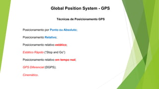 Técnicas de Posicionamento GPS
Posicionamento por Ponto ou Absoluto;
Posicionamento Relativo;
Posicionamento relativo estático;
Estático Rápido (“Stop and Go”)
Posicionamento relativo em tempo real;
GPS Diferencial (DGPS);
Cinemático.
Global Position System - GPS
 