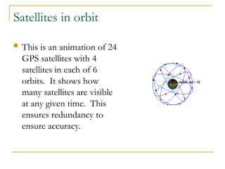 Satellites in orbit
 This is an animation of 24
GPS satellites with 4
satellites in each of 6
orbits. It shows how
many satellites are visible
at any given time. This
ensures redundancy to
ensure accuracy.
 
