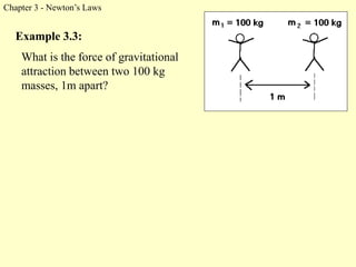 Chapter 3 - Newton’s Laws
What is the force of gravitational
attraction between two 100 kg
masses, 1m apart?
Example 3.3:
 