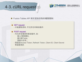 4-3. cURL request (1)
GET request:
- 只能讀取資料, 不允許任何修改動作
POST request:
- 可允許各種資料修改動作, 如:
插入/移除欄位,
建立新Table,
更新內容等….
- 需提送Access Token, Refresh Token, Client ID, Client Secret
等認證資訊
Fusion Tables API 對於資料存取的權限限制:
 