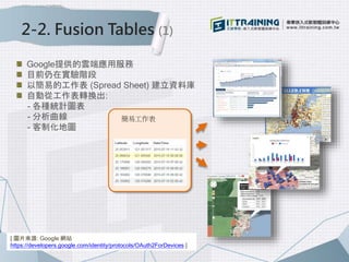 2-2. Fusion Tables (1)
簡易工作表
[ 圖片來源: Google 網站
https://developers.google.com/identity/protocols/OAuth2ForDevices ]
Google提供的雲端應用服務
目前仍在實驗階段
以簡易的工作表 (Spread Sheet) 建立資料庫
自動從工作表轉換出:
- 各種統計圖表
- 分析曲線
- 客制化地圖
 