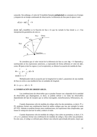 conocido. Sin embargo, el valor de N (también llamada ambigüedad) es constante en el tiempo
y después de un tiempo continuado de observación, la diferencia de fase para la época t será:
                              t
     ϕSR(t)   =   ∆ϕSR             +N
                              t0


donde ∆ϕSR (medible) es la fracción de fase o lo que ha variado la fase desde t0 a t. Una
interpretación geométrica de esto es:

                                             S(t2)      Órbita
                      S(t1)
                                  ∆ϕSR               ∆ϕSR


      S(t0)
                          N              N
                  N


                                              Superficie
                          R



        Se considera que el valor inicial de la diferencia de fase es cero ∆ϕ0 = 0. Operando y
sustituyendo en las expresiones anteriores, y expresando de forma arbitraria el valor de ∆ϕSR
como -Φ (para evitar los signos (-) en la expresión), se obtiene la ecuación de medida de fase:
       1              c
 Φ=           ρ+              ∆δ + Ν
      λ         λ
 donde λ = c / f
        Multiplicando toda la ecuación por la longitud de la onda λ, pasaremos de una medida
de fase en ciclos a una medida de fase en unidades de longitud.

Φ · λ = ρ + c · ∆δ + λ · Ν

4. COMBINACIÓN DE OBSERVABLES.

       Las combinaciones de observables que se puedan forman van a depender de la cantidad
de observables que dispongamos, es decir, se podrán utilizar o no todas las observables
dependiendo del tipo de receptor que se utilice (navegador, monofrecuencia, bifrecuencia, etc.
).

        Cuando disponemos sólo de medidas de código sobre las dos portadoras, es decir, P1 y
P2, podemos formar una combinación lineal de ambos códigos que sea, por ejemplo la suma
(P1+P2). Además se podrían formar otras combinaciones, de expresiones más complicadas, que
tienen la ventaja de suavizar la señal y reducir el ruido.

        Cuando disponemos sólo de medidas de código y fase sobre un portadora, es decir, C/A
o P, y L1, podemos formar una combinación de medidas de código y fase sobre una portadora.
En este caso, el código se utilizará para obtener una solución aproximada del punto, mejor que




                                                                                            32
 