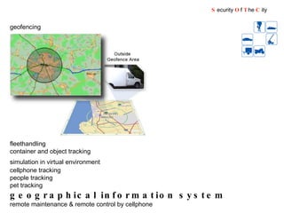 fleethandling container and object tracking simulation in virtual environment   cellphone tracking people tracking pet tracking geographical information system remote maintenance & remote control by cellphone geofencing S ecurity  O f  T he  C ity 
