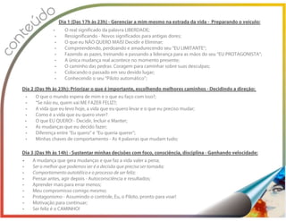 • A mudança que gera mudanças e que faz a vida valer a pena;
• Ser o melhor que podemos ser é a decisão que precisa ser tomada;
• Comportamento autotélico e o processo de ser feliz;
• Pensar antes, agir depois - Autoconsciência e resultados;
• Aprender mais para errar menos;
• Meu compromisso comigo mesmo;
• Protagonismo - Assumindo o controle, Eu, o Piloto, pronto para voar!
• Motivação para continuar;
• Ser feliz é o CAMINHO!
Dia 1 (Das 17h às 23h) - Gerenciar a mim mesmo na estrada da vida - Preparando o veículo:
• O real significado da palavra LIBERDADE;
• Ressignificando - Novos significados para antigas dores;
• O que eu NÃO QUERO MAIS! Decidir e Eliminar;
• Compreendendo, perdoando e amadurecendo seu “EU LIMITANTE”;
• Fazendo as pazes, treinando e passando a liderança para as mãos do seu “EU PROTAGONISTA”;
• A única mudança real acontece no momento presente;
• O caminho das pedras: Coragem para caminhar sobre suas desculpas;
• Colocando o passado em seu devido lugar;
• Conhecendo o seu “Piloto automático”;
Dia 2 (Das 9h às 23h): Priorizar o que é importante, escolhendo melhores caminhos - Decidindo a direção:
• O que o mundo espera de mim e o que eu faço com isso?;
• “Se não eu, quem vai ME FAZER FELIZ?;
• A vida que eu levo hoje, a vida que eu quero levar e o que eu preciso mudar;
• Como é a vida que eu quero viver?
• O que EU QUERO! - Decidir, Incluir e Manter;
• As mudanças que eu decido fazer;
• Diferença entre “Eu quero” e “Eu queria querer”;
• Minhas chaves de comportamento - As 4 palavras que mudam tudo;
Dia 3 (Das 9h às 14h) - Sustentar minhas decisões com foco, consciência, disciplina - Ganhando velocidade:
 