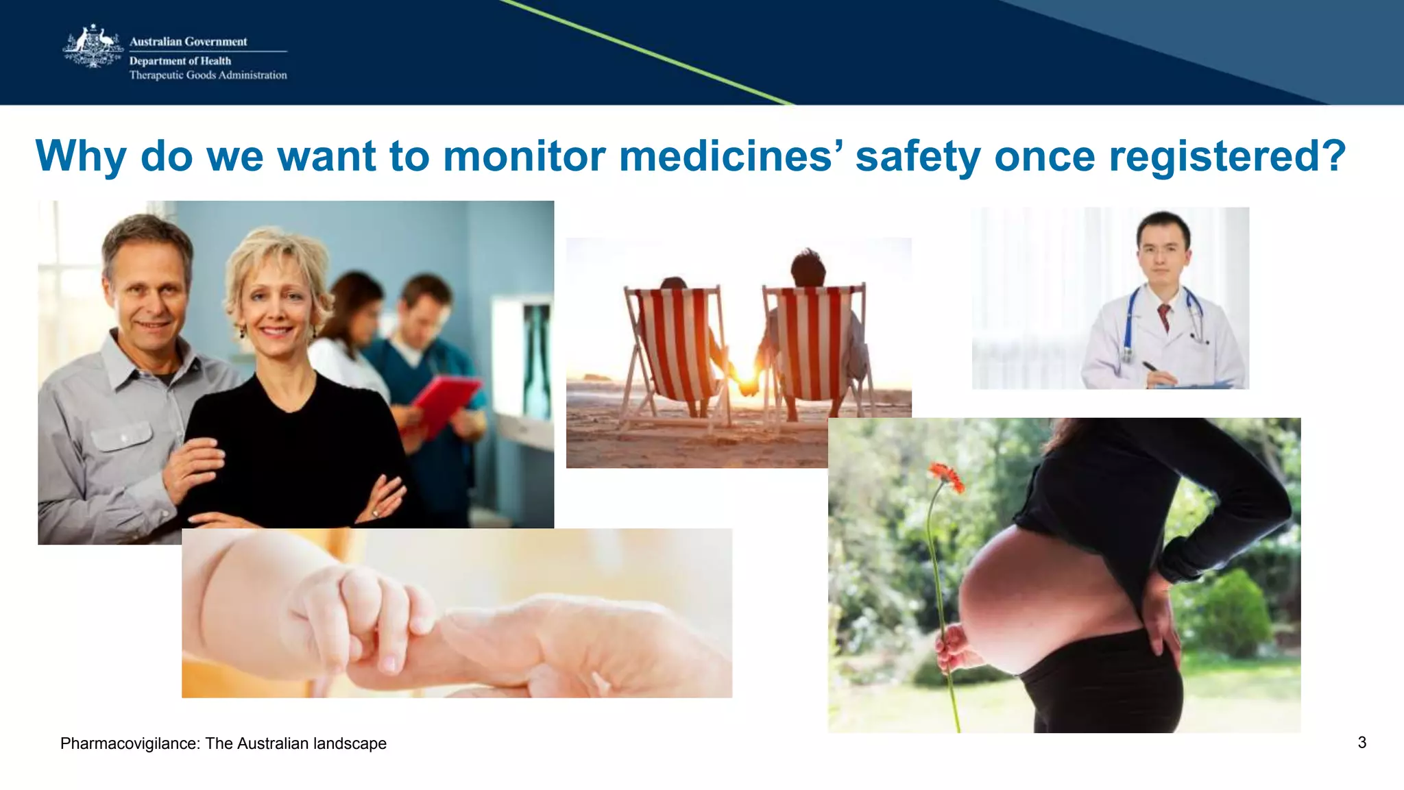 Why do we want to monitor medicines’ safety once registered?
Pharmacovigilance: The Australian landscape 3
 