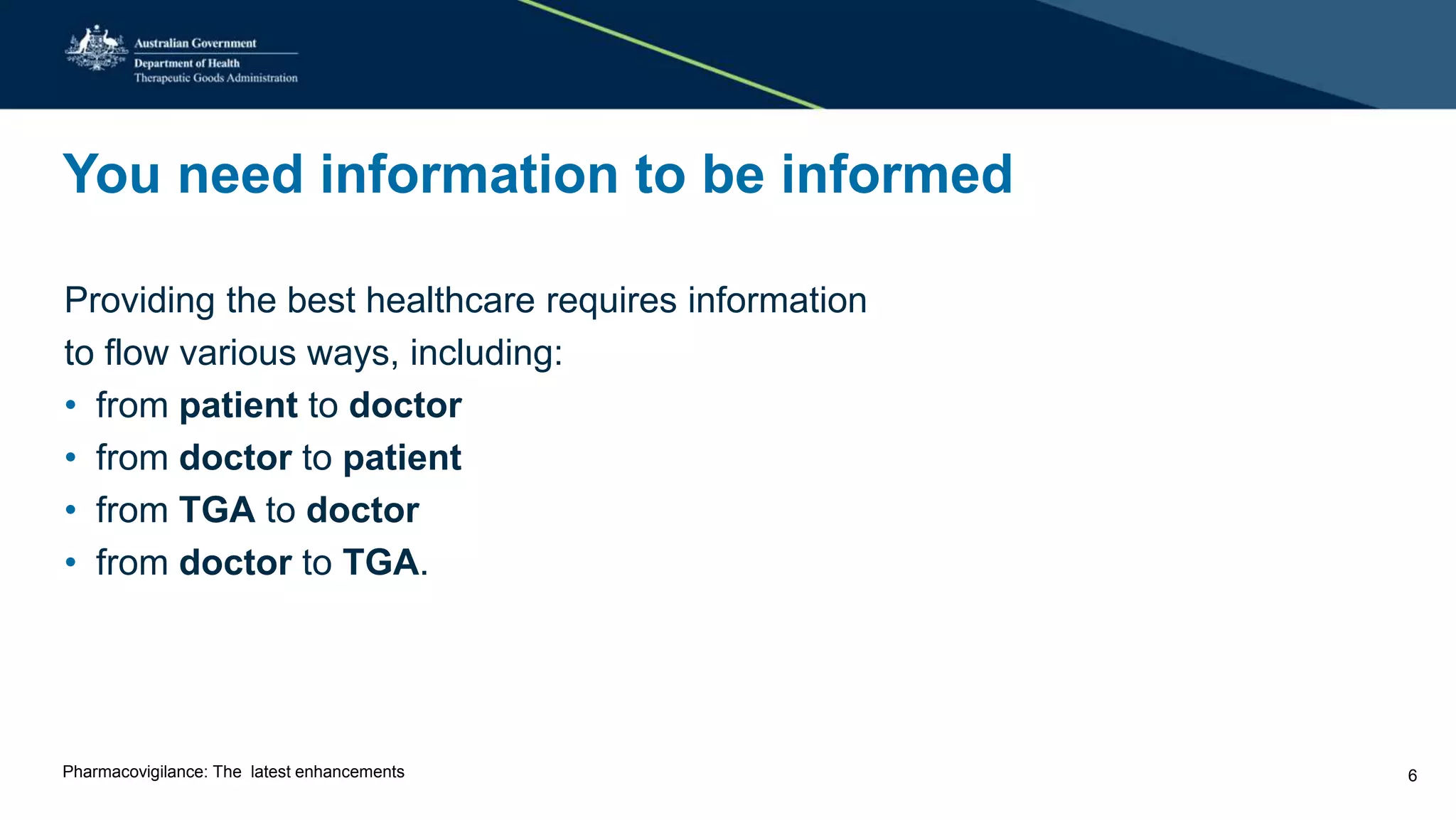 You need information to be informed
Providing the best healthcare requires information
to flow various ways, including:
• from patient to doctor
• from doctor to patient
• from TGA to doctor
• from doctor to TGA.
Pharmacovigilance: The latest enhancements 6
 