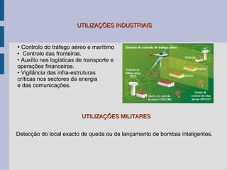 UTILIZAÇÕES INDUSTRIAIS Controlo do tráfego aéreo e marítimo •  Controlo das fronteiras. •  Auxílio nas logísticas de transporte e operações financeiras. •  Vigilância das infra-estruturas  críticas nos sectores da energia  e das comunicações. UTILIZAÇÕES MILITARES Detecção do local exacto de queda ou de lançamento de bombas inteligentes. 