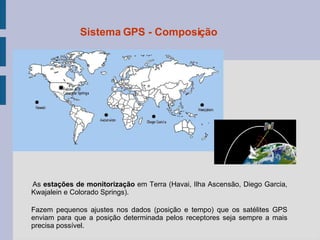 As  estações de monitorização  em Terra (Havai, Ilha Ascensão, Diego Garcia, Kwajalein e Colorado Springs). Fazem pequenos ajustes nos dados (posição e tempo) que os satélites GPS enviam para que a posição determinada pelos receptores seja sempre a mais precisa possível. Sistema GPS - Composição 