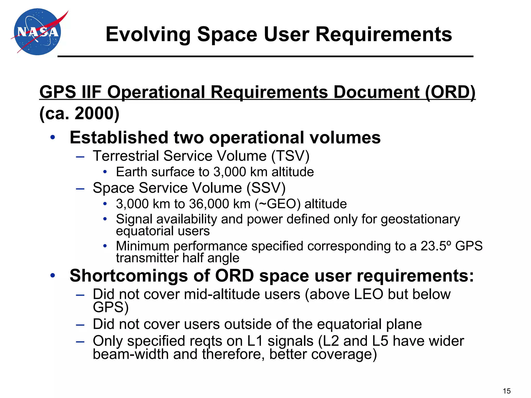Evolving Space User Requirements Established two operational volumes Terrestrial Service Volume (TSV) Earth surface to 3,000 km altitude Space Service Volume (SSV) 3,000 km to 36,000 km (~GEO) altitude Signal availability and power defined only for geostationary equatorial users Minimum performance specified corresponding to a 23.5 º  GPS transmitter half angle Shortcomings of ORD space user requirements: Did not cover mid-altitude users (above LEO but below GPS) Did not cover users outside of the equatorial plane Only specified reqts on L1 signals (L2 and L5 have wider beam-width and therefore, better coverage) GPS IIF Operational Requirements Document (ORD) (ca. 2000) 