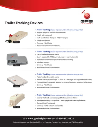 Trailer Tracking Devices
                                 • Trailer Tracking (choose required number of location pings per day)
                                 •	 Rugged	design	for	extreme	environments
                                 •	 Totally	self-contained
                                 •	 Multi-year	battery	life	(up	to	4000	messages)
                                 •	 Simple	installation
      TT-3000
                                 •	 Coverage	-	Worldwide
                                 •	 No	service	contract/commitment


                                 • Trailer Tracking (choose required number of location pings per day)
                                 •	 Tracks	fixed	and	movable	assets
                                 •	 Uses	4	replaceable	AA	lithium	batteries,	3+	years	battery	life
                                 •	 Motion	sensor/Vibration	parameters	and	scheduling
                                 •	 Installs	in	minutes
      TT-2100                    •	 Coverage	-	Worldwide
                                 •	 No	service	contract/commitment



                                 • Trailer Tracking (choose required number of location pings per day)
                                 •	 Tracks	fixed	and	movable	assets
                                 •	 Internal	battery	expectancy	is	7+	years	at	2	messages	per	day	(field-replaceable)
                                 •	 Completely	self-contained,	requires	no	external	batteries,	antennas	or	harnesses
                                 •	 Coverage	-	Worldwide
      TT-2000
                                 •	 No	service	contract/commitment



                                 • Trailer Tracking (choose required number of location pings per day)
                                 •	 Ideal	for	Trailers	&	Assets	deployed	for	long	periods	of	time
                                 •	 Battery	expectancy	is	7+	years	at	1	message	per	day	(field-replaceable)
                                 •	 Completely	self-contained	
                                 •	 Coverage	-	GPRS	network	(worldwide)
      TTC-1000
                                 •	 No	service	contract/commitment




                 Visit www.gpsinsight.com or call 866-477-4321
     Nationwide coverage. Regional offices in Phoenix, Chicago, Los Angeles, and Oklahoma City.
 