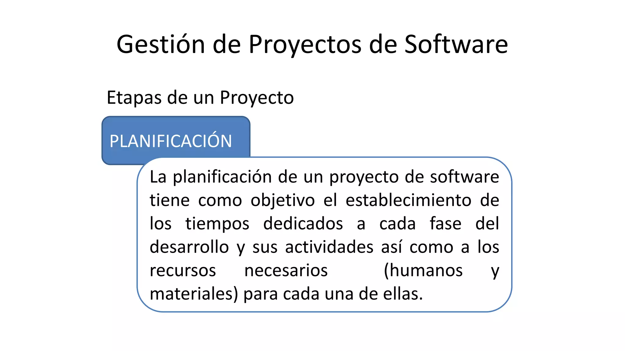 Etapas de un Proyecto
PLANIFICACIÓN
Gestión de Proyectos de Software
La planificación de un proyecto de software
tiene como objetivo el establecimiento de
los tiempos dedicados a cada fase del
desarrollo y sus actividades así como a los
recursos necesarios (humanos y
materiales) para cada una de ellas.
 