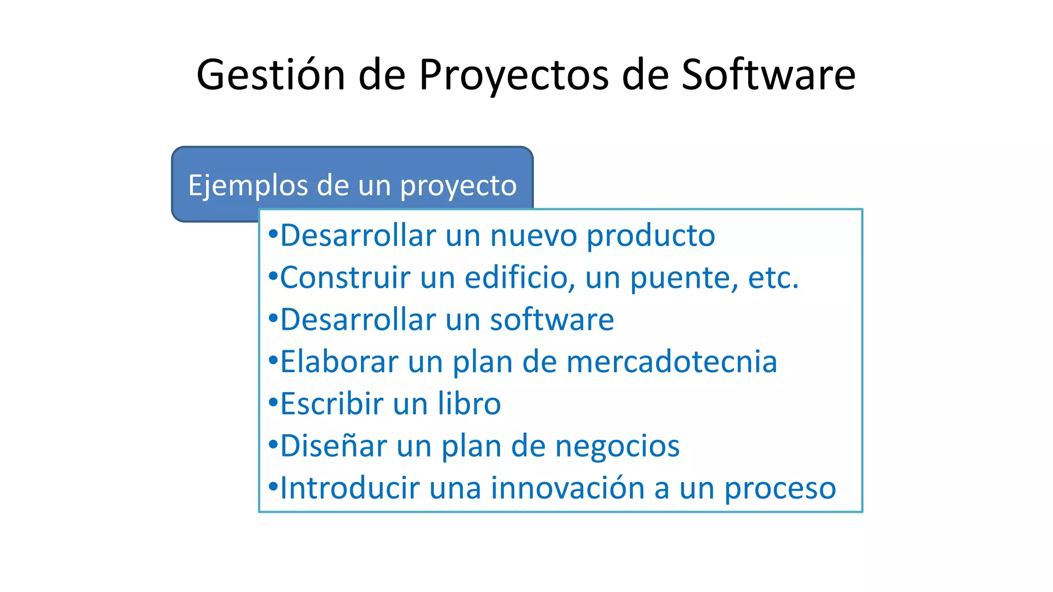 Gestión de Proyectos de Software
Ejemplos de un proyecto
•Desarrollar un nuevo producto
•Construir un edificio, un puente, etc.
•Desarrollar un software
•Elaborar un plan de mercadotecnia
•Escribir un libro
•Diseñar un plan de negocios
•Introducir una innovación a un proceso
 