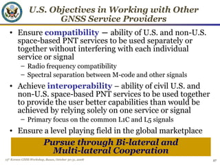 15th
Korean GNSS Workshop, Busan, October 30-31, 2008 27
U.S. Objectives in Working with Other
GNSS Service Providers
• En...