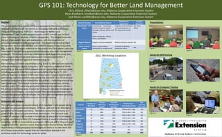 GPS 101: Technology for Better Land Management
                                                                       Chris Dillard; dillach@aces.edu; Alabama Cooperative Extension System
                                                                     Beau Brodbeck; brodbam@aces.edu; Alabama Cooperative Extension System
                                                                       Jack Rowe; wjr0001@aces.edu; Alabama Cooperative Extension System
Abstract                                                                                                                                   Deficiency &         Program                Presentations
                                                                                    Expected Outputs              Accomplished Outputs
                                                                                                                                           Explanation         Outcomes
The global positioning system (GPS) and geographic information systems             8 Workshops: 1 Per 8 workshops : Tuscaloosa,     Programs in the northern See Chart
                                                                                        Region        Sumter, Conecuh, Mobile,      and southeast part of    Below
(GIS) are important tools for owners in managing their land and forests.                              Autauga, Cullman, Dallas, and the state were limited
The goal of the project, “GPS 101: Technology for Better Land                                         Clarke
Management”, was to educate participants on GPS and GIS and on how
                                                                                                               Other workshops: Blount,
these technologies can assist in land management. The project promoted                                         Henry, and Mobile
the use of geospatial tools and applications, and the integration of
geospatial concepts in land management. The project consisted of eight               Support Manual            Support manual developed       Need to enhance manual NA
introductory-level workshops that were held in various Alabama counties               Short, Tutorial          Short, tutorial videos         Continue to develop
                                                                                                                                                                     NA
(Fig. 1 and 2). The target audience for the project was land owners who are               Videos               developed for Google Earth     additional videos                        Figure 4
                                                                                   Figure 1                                                                                                                         Figure 5
interested in incorporating geospatial technologies into their management
strategies. The project outcomes and impacts were measured using tests                                                                                                                 Hands-On GPS Training
and surveys to determine what participants learned and whether it
                                                                                                                  2011 Workshop Locations
changed their land management behaviors (Fig. 3).
The workshops included presentations (Fig. 4 and 5), GPS exercises and GIS
software training on laptop computers. GPS exercises consisted of hands-
on training on the use of GPS hardware and on typical data collection tasks,
including waypoint collection and area calculation (Fig. 6 and 7). GIS
software training consisted of GPS data import and analysis, map creation
and editing, and data creation and editing (Fig. 8 and 9). As a result of post-
workshop evaluations and collaborator discussions, a workshop manual has                                                                                                               Figure 6
been developed. The manual includes workshop presentations, articles,                                                                                                                                               Figure 7

tutorials, and a CD containing geospatial software and additional articles.                                                                                                            Hands-On Computer Training
Pre and post-workshop tests showed an increase in attendee knowledge of
geospatial technologies. A survey showed that workshop attendees have
incorporated geospatial technologies into their land management practices.
Workshop evaluations indicate interest in further training.
                                                                                               Figure 2
Outcomes and Impacts
                                                                                                                       Overall       First GPS                               Self-
                                                                                                    Number of                                           Pre/Post Test =
The eight workshops conducted during 2011 resulted in 142 people being              Location                          Workshop      Workshop for                           Learning
                                                                                                    Attendees                                          Knowledge Change
                                                                                                                       Quality       Attendee                             Evaluation
educated on geospatial technologies. Of those, 128 had never attended a
                                                                                  Thomasville             25            94%             75%            74% to 92% = 18%       NA
geospatial technologies workshop. Attendees scored the workshop at a
                                                                                  Selma                   9              88%                33%        76% to 96% = 20%      NA        Figure 8
grade of 90%, based on post-workshop evaluations. Pre and post tests
                                                                                  Cullman                 25             90%                65%        63% to 92% = 29%      NA                                     Figure 9
showed an average 23% increase in knowledge of geospatial technologies.
                                                                                  Autaugaville            16             90%                80%        76% to 92% = 16%      NA
A survey conducted in early 2012 revealed that as a result of attending the
                                                                                  Mobile                  17             93%                NA         72% to 92% = 20%      NA
workshop, 12.5% of respondents purchased a GPS unit and 6.3% purchased
                                                                                  Evergreen               17             93%                76%        63% to 97% = 34%      NA
mapping software. Based on what they learned in the workshop, 68.8% of
                                                                                  Livingston              15             85%              100%                NA             88%
respondents utilized geospatial technologies at home or in their work and
all of those respondents replied that the information learned in the              Tuscaloosa              18             87%                68%               NA             92%

workshop made the technology easier to adopt.                                     TOTALs                  142            90%                71%               23%            90%
                                                                                  Figure 3
 