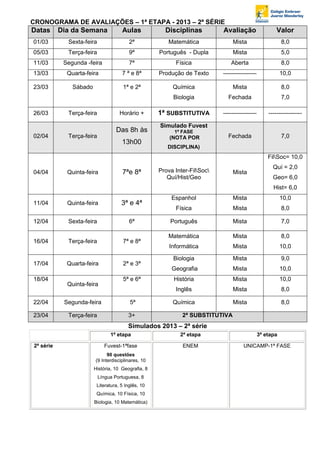 CRONOGRAMA DE AVALIAÇÕES – 1ª ETAPA - 2013 – 2ª SÉRIE
Datas      Dia da Semana             Aulas            Disciplinas          Avaliação                   Valor
01/03        Sexta-feira                 2ª            Matemática              Mista                      8,0
05/03        Terça-feira                 9ª         Português - Dupla          Mista                      5,0
11/03       Segunda -feira               7ª               Física               Aberta                     8,0
13/03        Quarta-feira            7 ª e 8ª       Produção de Texto      -----------------              10,0

23/03          Sábado                 1ª e 2ª            Química               Mista                      8,0
                                                         Biologia            Fechada                      7,0

26/03        Terça-feira            Horário +       1ª SUBSTITUTIVA        -----------------       -----------------

                                                    Simulado Fuvest
                                   Das 8h às              1ª FASE
02/04        Terça-feira                                (NOTA POR            Fechada                      7,0
                                     13h00
                                                       DISCIPLINA)
                                                                                                   FilSoc= 10,0
                                                                                                     Quí = 2,0
04/04        Quinta-feira            7ªe 8ª         Prova Inter-FilSoc       Mista
                                                       Quí/Hist/Geo                                  Geo= 6,0
                                                                                                     Hist= 6,0
                                                         Espanhol              Mista                      10,0
11/04        Quinta-feira            3ª e 4ª
                                                          Física               Mista                      8,0

12/04        Sexta-feira                 6ª             Português              Mista                      7,0

                                                       Matemática              Mista                      8,0
16/04        Terça-feira              7ª e 8ª
                                                        Informática            Mista                      10,0

                                                         Biologia              Mista                      9,0
17/04        Quarta-feira             2ª e 3ª
                                                         Geografia             Mista                      10,0
18/04                                 5ª e 6ª             História             Mista                      10,0
             Quinta-feira
                                                          Inglês               Mista                      8,0

22/04       Segunda-feira                5ª              Química               Mista                      8,0

23/04        Terça-feira                3+                   2ª SUBSTITUTIVA
                                        Simulados 2013 – 2ª série
                                1ª etapa                    2ª etapa                           3ª etapa

2ª série                     Fuvest-1ªfase                   ENEM                    UNICAMP-1ª FASE
                              90 questões
                        (9 Interdisciplinares, 10
                        História, 10 Geografia, 8
                           Língua Portuguesa, 8
                         Literatura, 5 Inglês, 10
                         Química, 10 Física, 10
                        Biologia, 10 Matemática)
 