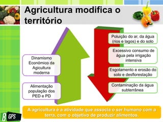 Agricultura modifica o
território
Dinamismo
Económico da
Agicultura
moderna
Alimentação
população dos
PED e PD
Poluição do ar, da água
(rios e lagos) e do solo
Excessivo consumo de
água pela irrigação
intensiva
Esgotamento e erosão do
solo e desflorestação
Contaminação da água
subterrânea
A agricultura é a atividade que associa o ser humano com a
terra, com o objetivo de produzir alimentos.
 