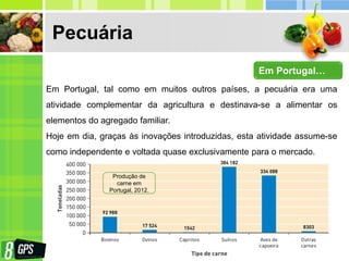 Pecuária
Em Portugal, tal como em muitos outros países, a pecuária era uma
atividade complementar da agricultura e destinava-se a alimentar os
elementos do agregado familiar.
Hoje em dia, graças às inovações introduzidas, esta atividade assume-se
como independente e voltada quase exclusivamente para o mercado.
Em Portugal…
Produção de
carne em
Portugal, 2012.
 