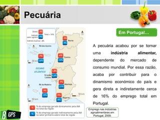 Pecuária
A pecuária acabou por se tornar
uma indústria alimentar,
dependente do mercado de
consumo mundial. Por essa razão,
acaba por contribuir para o
dinamismo económico do país e
gera direta e indiretamente cerca
de 16% do emprego total em
Portugal.
Em Portugal…
Emprego nas indústrias
agroalimentares em
Portugal, 2009.
 