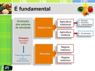 É fundamental
AGRICULTURA
Evolução
dos setores
de atividade
Agricultura
tradicional
Agricultura
moderna
Regime
intensivo
 Itinerante
 Rizicultura
 A tempo parcial
 De plantação
PECUÁRIA
Primário
Secundário
Terciário
Países Desenvolvidos
vs.
Países em
Desenvolvimento
Regime
extensivo
 