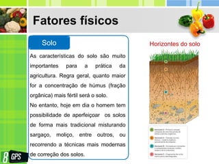 Fatores físicos
As características do solo são muito
importantes para a prática da
agricultura. Regra geral, quanto maior
for a concentração de húmus (fração
orgânica) mais fértil será o solo.
No entanto, hoje em dia o homem tem
possibilidade de aperfeiçoar os solos
de forma mais tradicional misturando
sargaço, moliço, entre outros, ou
recorrendo a técnicas mais modernas
de correção dos solos.
Solo Horizontes do solo
 