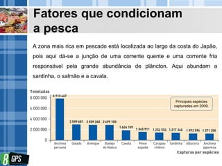 Fatores que condicionam
a pesca
A zona mais rica em pescado está localizada ao largo da costa do Japão,
pois aqui dá-se a junção de uma corrente quente e uma corrente fria
responsável pela grande abundância de plâncton. Aqui abundam a
sardinha, o salmão e a cavala.
Principais espécies
capturadas em 2009.
 