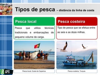 Tipos de pesca – distância da linha de costa
Pesca local
Pesca que utiliza técnicas
tradicionais e embarcações de
pequeno volume de carga.
Pesca costeira
Tipo de pesca que se efetua entre
as seis e as doze milhas.
Pesca local, Costa da Caparica. Pesca costeira, Turquia.
 