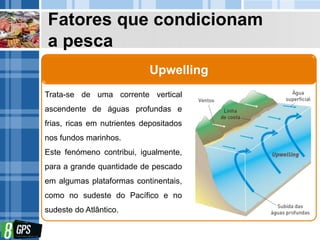 Fatores que condicionam
a pesca
Trata-se de uma corrente vertical
ascendente de águas profundas e
frias, ricas em nutrientes depositados
nos fundos marinhos.
Este fenómeno contribui, igualmente,
para a grande quantidade de pescado
em algumas plataformas continentais,
como no sudeste do Pacífico e no
sudeste do Atlântico.
Upwelling
 