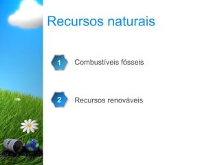 Recursos naturais
Combustíveis fósseis
1
2 Recursos renováveis
 