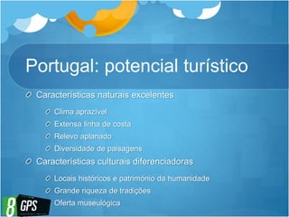 Portugal: potencial turístico
Características naturais excelentes
Clima aprazível
Extensa linha de costa
Relevo aplanado
Diversidade de paisagens
Características culturais diferenciadoras
Locais históricos e património da humanidade
Grande riqueza de tradições
Oferta museulógica
 
