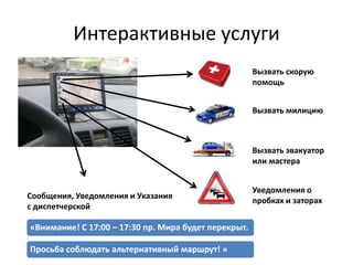 Интерактивные услуги
Вызвать скорую
помощь
Вызвать милицию
Вызвать эвакуатор
или мастера
Уведомления о
пробках и заторах
«Внимание! С 17:00 – 17:30 пр. Мира будет перекрыт.
Просьба соблюдать альтернативный маршрут! »
Сообщения, Уведомления и Указания
с диспетчерской
 