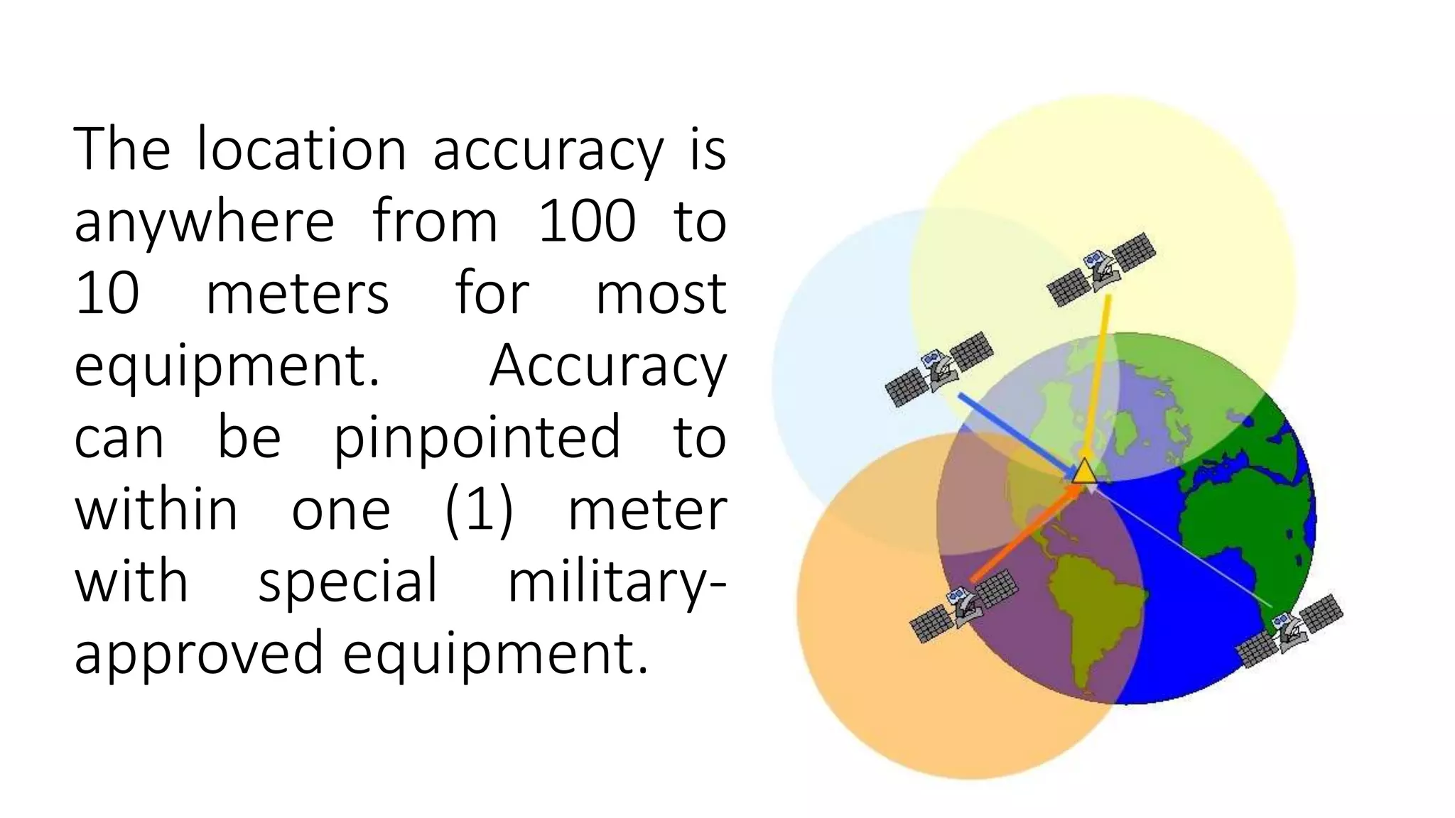 The location accuracy is
anywhere from 100 to
10 meters for most
equipment. Accuracy
can be pinpointed to
within one (1) meter
with special military-
approved equipment.
 