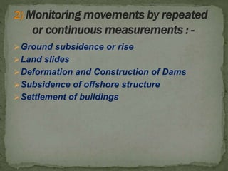 Ground subsidence or rise
Land slides
Deformation and Construction of Dams
Subsidence of offshore structure
Settlement of buildings
 