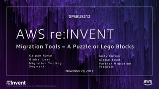 © 2017, Amazon Web Services, Inc. or its Affiliates. All rights reserved.
AWS re:INVENT
Migration Tools – A Puzzle or Lego Blocks
A n d y F u r n e r
G l o b a l L e a d
P a r t n e r M i g r a t i o n
P r o g r a m
K a l p a n R a v a l
G l o b a l L e a d
M i g r a t i o n T o o l i n g
S e g m e n t
GPSBUS212
November 28, 2017
 