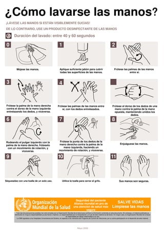 ¿Cómo lavarse las manos?
                       ?
¡LÁVESE LAS MANOS SI ESTÁN VISIBLEMENTE SUCIAS!
DE LO CONTRARIO, USE UN PRODUCTO DESINFECTANTE DE LAS MANOS

       Duración del lavado: entre 40 y 60 segundos

 0                                                                       1                                                                              2



          Mójese las manos.                                               Aplique suficiente jabón para cubrir                                             Frótese las palmas de las manos
                                                                          todas las superficies de las manos.                                                           entre sí.



 3                                                                       4                                                                              5



 Frótese la palma de la mano derecha                                   Frótese las palmas de las manos entre                                            Frótese el dorso de los dedos de una
 contra el dorso de la mano izquierda                                      sí, con los dedos entrelazados.                                                mano contra la palma de la mano
 entrelazando los dedos, y viceversa.                                                                                                                     opuesta, manteniendo unidos los
                                                                                                                                                                       dedos.

 6                                                                       7                                                                              8



Rodeando el pulgar izquierdo con la                                      Frótese la punta de los dedos de la
                                                                         mano derecha contra la palma de la                                                         Enjuáguese las manos.
palma de la mano derecha, fróteselo
 con un movimiento de rotación, y                                           mano izquierda, haciendo un
             viceversa.                                                  movimiento de rotación, y viceversa.

 9                                                                     10                                                                             11



Séqueselas con una toalla de un solo uso.                                     Utilice la toalla para cerrar el grifo.                                             Sus manos son seguras.




                                                                                                Seguridad del paciente
                                                                                              Alianza mundial en pro de                                    SALVE VIDAS
                                                                                              una atención de salud más                                 Límpiese las manos
                                                                                                       segura
          Todo tipo de precauciones posibles han sido tomadas por la Organización Mundial de la Salud para verificar la información contenida en este documento. Sin embargo, el material publicado es
        distribuido sin ninguna responsabilidad ya sea literal o implícita. La responsabilidad por la interpretación y el uso de este material es del lector. En ningún caso, la Organización Mundial de la Salud
                                                                                    es responsable por daños relacionados a su uso.
           La OMS agradece a los Hospitales Universitarios de Ginebra, en especial a los miembros del Programa de Control de Infecciones, por su activa participación en el desarrollo de este material.




                                                                                                    Mayo 2009
 