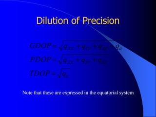 Dilution of Precision
tt
ZZ
YY
XX
tt
ZZ
YY
XX
q
TDOP
q
q
q
PDOP
q
q
q
q
GDOP








Note that these are expressed in the equatorial system
 