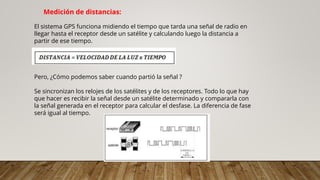 Medición de distancias:
El sistema GPS funciona midiendo el tiempo que tarda una señal de radio en
llegar hasta el receptor desde un satélite y calculando luego la distancia a
partir de ese tiempo.
Pero, ¿Cómo podemos saber cuando partió la señal ?
Se sincronizan los relojes de los satélites y de los receptores. Todo lo que hay
que hacer es recibir la señal desde un satélite determinado y compararla con
la señal generada en el receptor para calcular el desfase. La diferencia de fase
será igual al tiempo.
 
