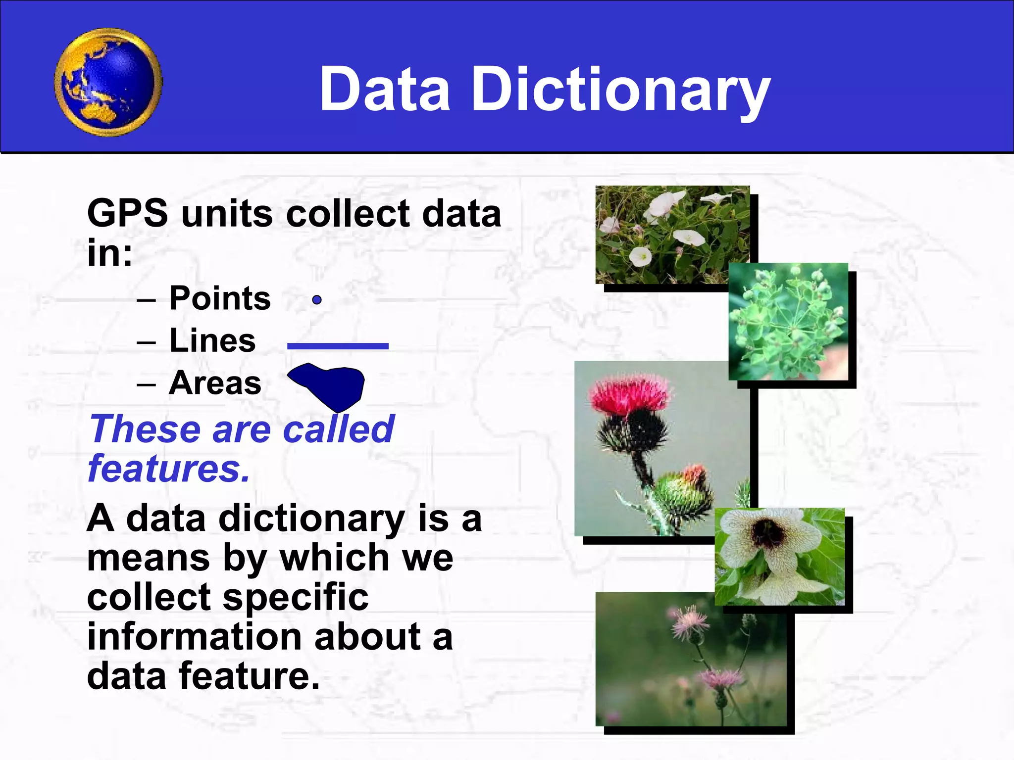 Data Dictionary GPS units collect data in: Points Lines Areas These are called features. A data dictionary is a means by which we collect specific information about a data feature. 