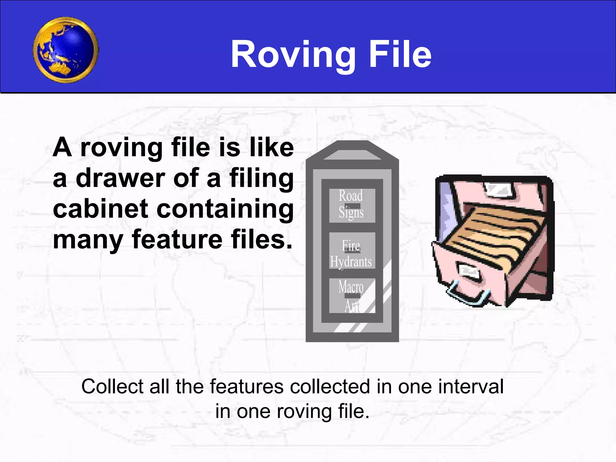 Roving File A roving file is like a drawer of a filing cabinet containing many feature files. Collect all the features collected in one interval in one roving file. Road Signs Fire Hydrants Macro Art 