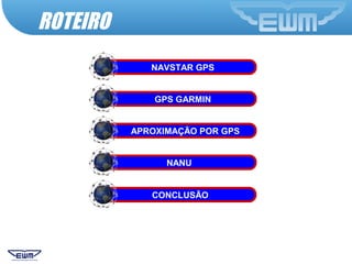 NAVSTAR GPS
GPS GARMIN
APROXIMAÇÃO POR GPS
NANU
CONCLUSÃO
ROTEIRO
NAVSTAR GPSNAVSTAR GPSNAVSTAR GPS
 