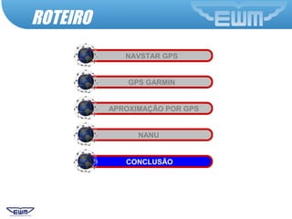 NAVSTAR GPS
GPS GARMIN
APROXIMAÇÃO POR GPS
NANU
CONCLUSÃO
ROTEIRO
 