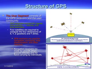 Structure of GPS
 The User Segment consists of
  the GPS receivers and the user
  community.
    – GPS receivers convert SV signals
      into position,    velocity, and
      time estimates.
    – Four satellites are required to
      compute the four dimensions of
      X, Y, Z (position) and T (time).

          GPS receivers are used for
           navigation, surveying, time
           dissemination, and other
           research.

          Navigation receivers are
           made for aircraft, ships,
           ground vehicles, and for
           hand carrying by individuals.




 11/13/2012                                18
 