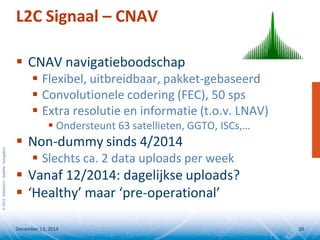 ©2014SeptentrioSatelliteNavigation
L2C Signaal – CNAV
 CNAV navigatieboodschap
 Flexibel, uitbreidbaar, pakket-gebaseerd
 Convolutionele codering (FEC), 50 sps
 Extra resolutie en informatie (t.o.v. LNAV)
 Ondersteunt 63 satellieten, GGTO, ISCs,…
 Non-dummy sinds 4/2014
 Slechts ca. 2 data uploads per week
 Vanaf 12/2014: dagelijkse uploads?
 ‘Healthy’ maar ‘pre-operational’
December 13, 2014 20
 