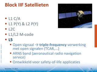 ©2014SeptentrioSatelliteNavigation
Block IIF Satellieten
 L1 C/A
 L1 P(Y) & L2 P(Y)
 L2C
 L1/L2 M-code
 L5
 Open signaal → triple-frequency verwerking
met open signalen (TCAR,...)
 ARNS band (aeronautical radio navigation
service)
 Ontwikkeld voor safety-of-life applicaties
December 13, 2014 25
 