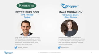 PETER SHELDON
2
VP & Principal
Analyst
Peter serves eBusiness & Channel Strategy
Professionals. His interests focus on mobile
and tablet commerce trends, digital in-store
experiences, multichannel retail, social
commerce, and digital media.
@peter_sheldon
© GPSHOPPER 2015 ALL RIGHTS RESERVED
MAYA MIKHAILOV
CoFounder & EVP,
Client Strategy
Maya is a Co-Founder of GPShopper, a
leading mobile platform solution for retailers
& brands. Maya has served as a professor at
New York University specializing in mobile
marketing and strategy.
@gpshopper
 